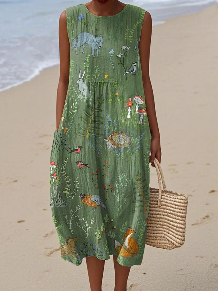 Women's Sleeveless Pocket Wrap Dress with Vintage Woodland Animal Print