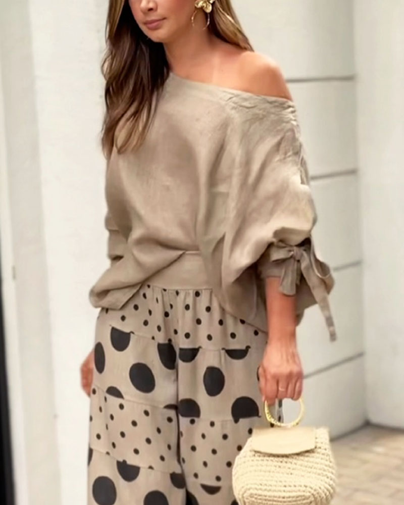 Samantha Casual Shoulder Top &amp; Printed Pants Set