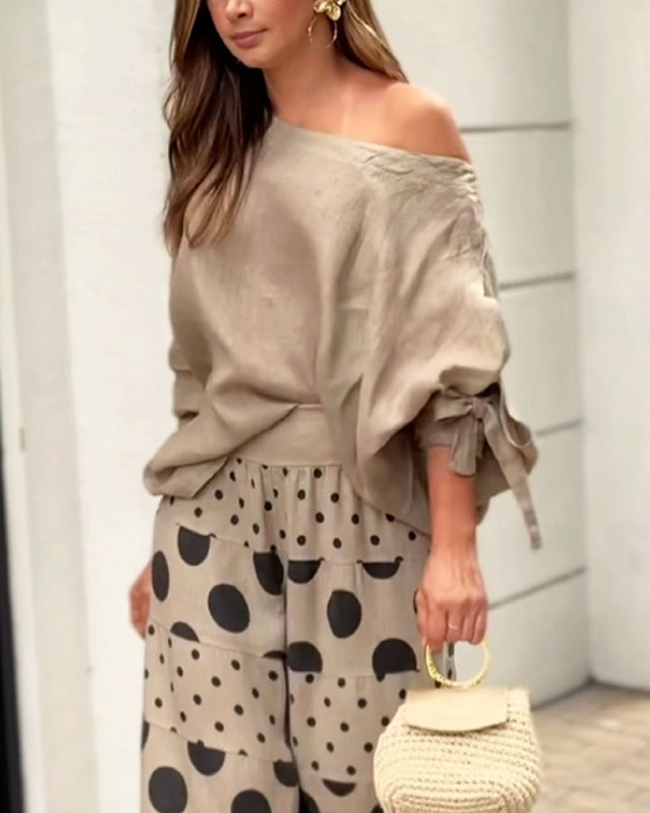 Samantha Casual Shoulder Top &amp; Printed Pants Set