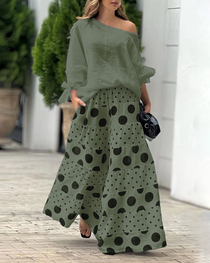 Samantha Casual Shoulder Top &amp; Printed Pants Set