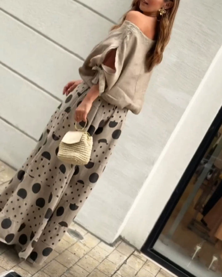 Samantha Casual Shoulder Top &amp; Printed Pants Set