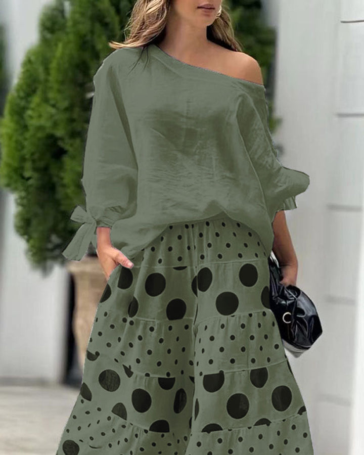 Samantha Casual Shoulder Top &amp; Printed Pants Set
