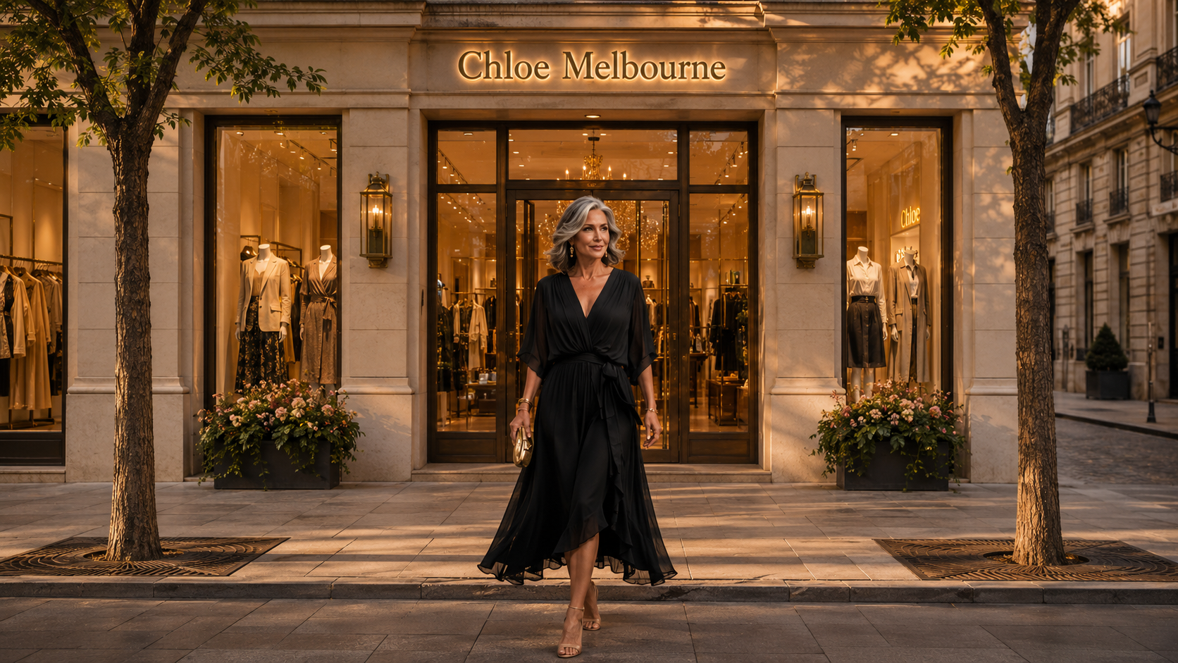 Two women in elegant dresses walking outside a Chloe Melbourne boutique storefront
