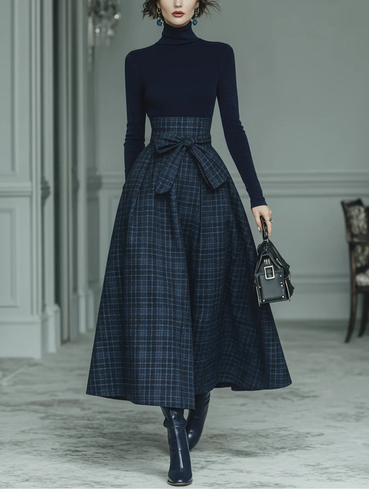Lila Turtleneck Stretch Top &amp; Plaid Skirt Set