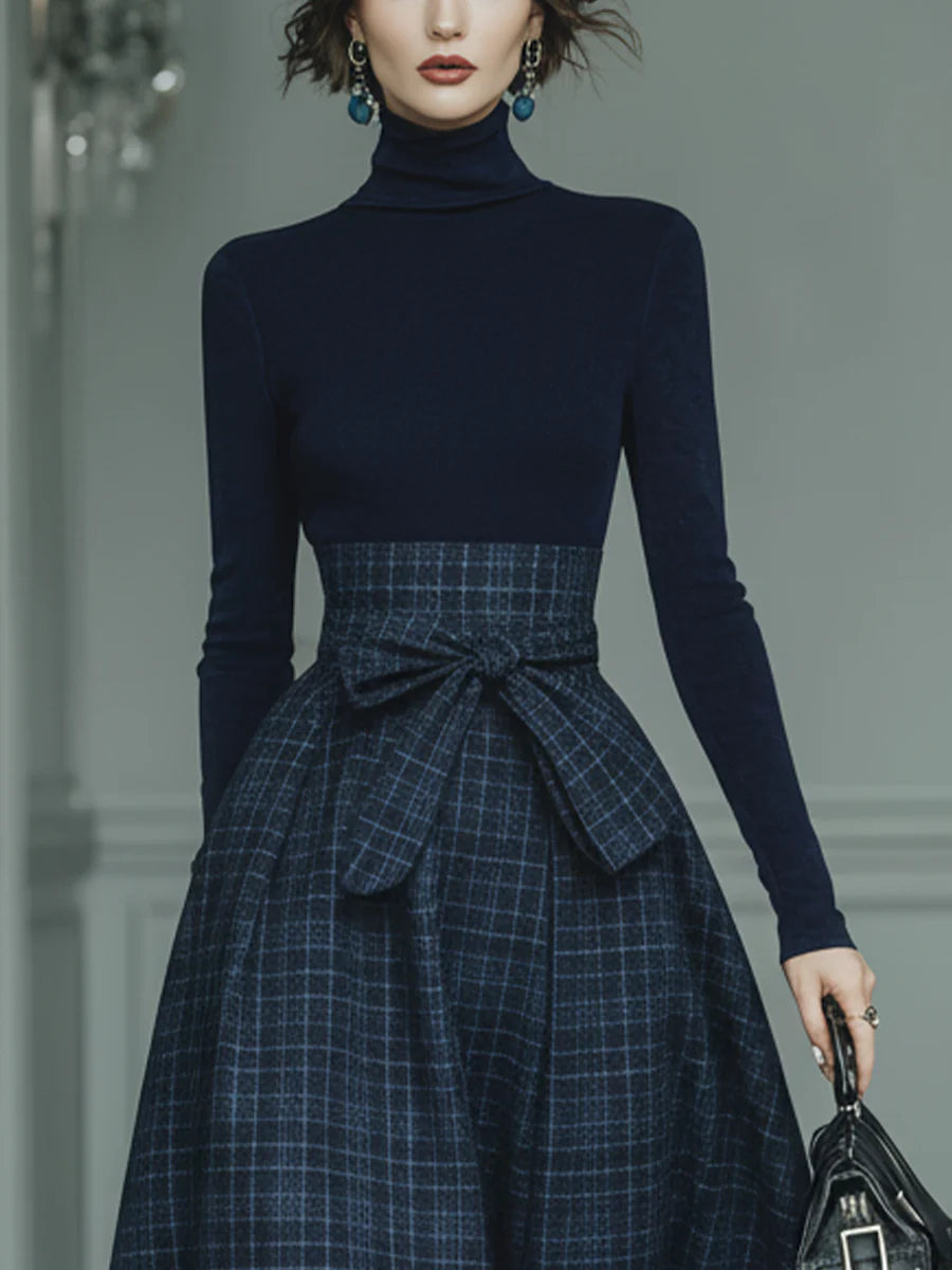Lila Turtleneck Stretch Top &amp; Plaid Skirt Set