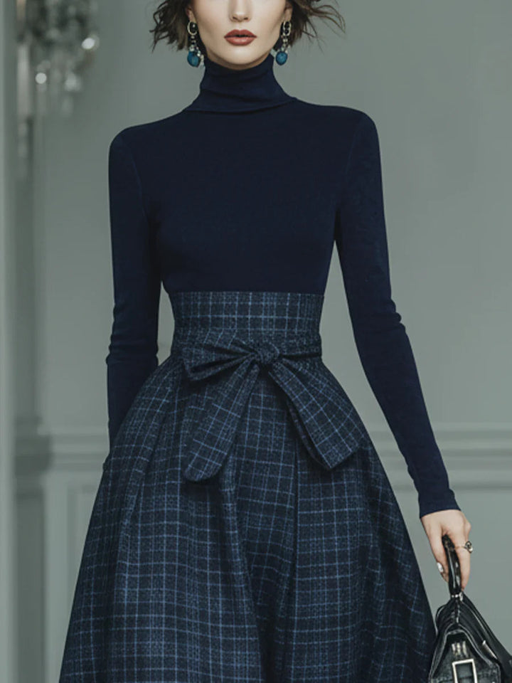 Lila Turtleneck Stretch Top &amp; Plaid Skirt Set