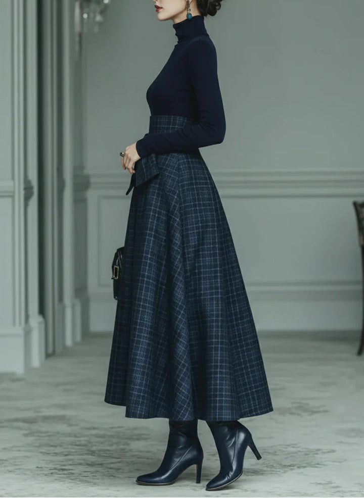 Lila Turtleneck Stretch Top &amp; Plaid Skirt Set
