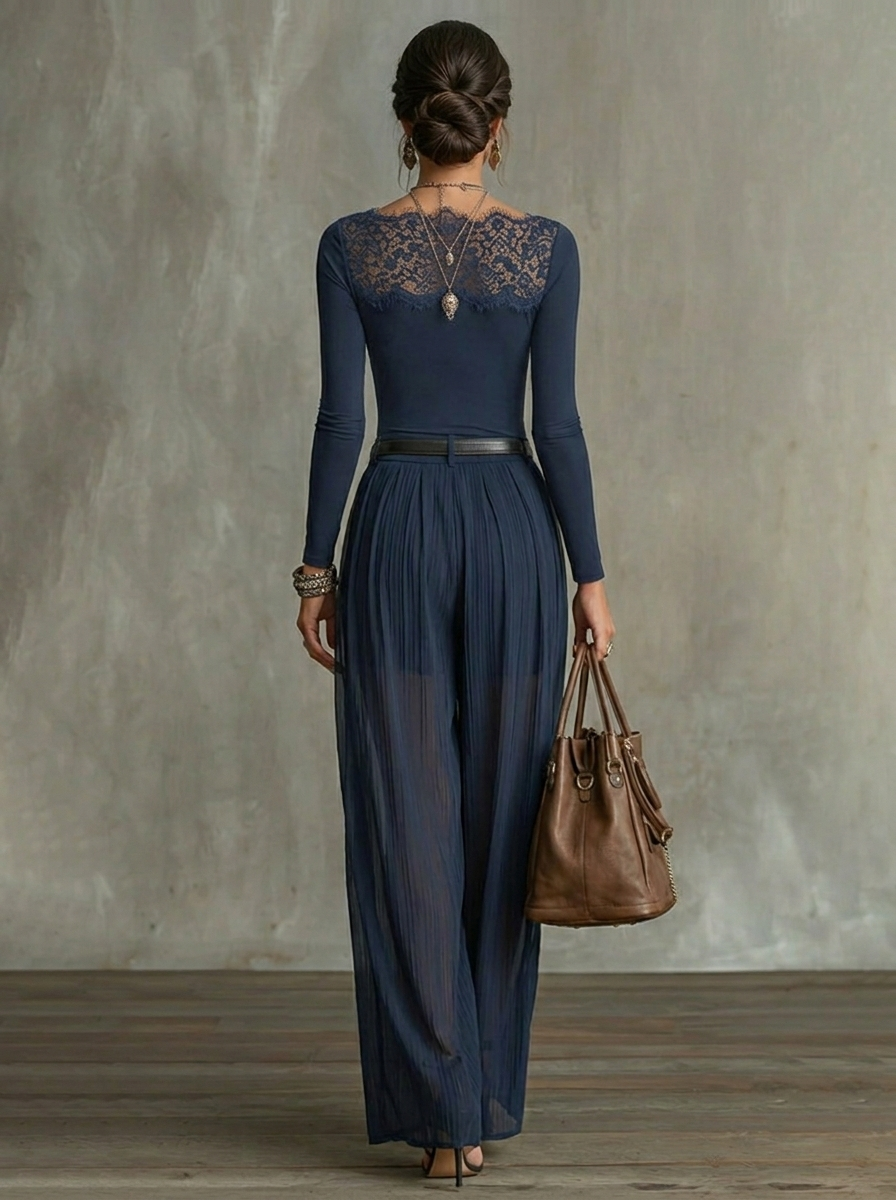 Serena Lace-Panel Top &amp; Sheer Wide-Leg Pants Set