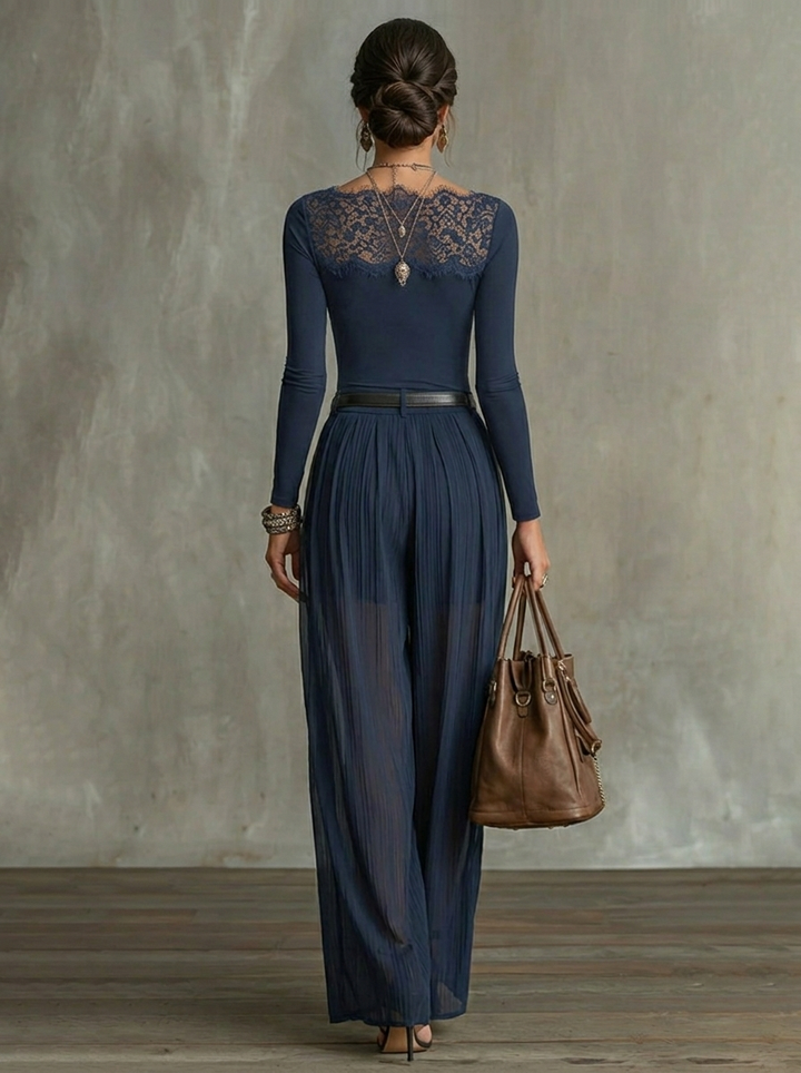 Serena Lace-Panel Top &amp; Sheer Wide-Leg Pants Set