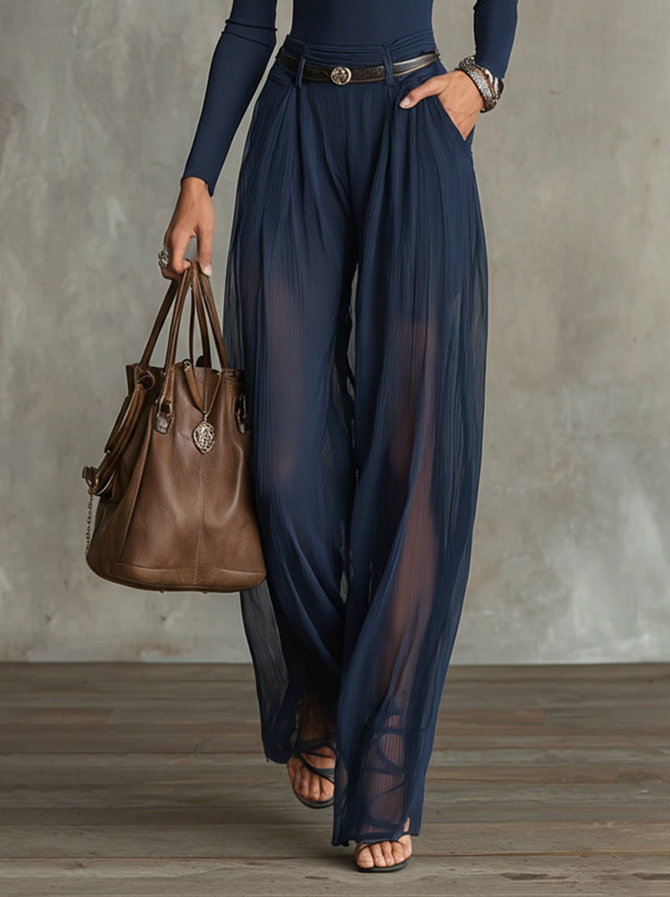 Serena Lace-Panel Top &amp; Sheer Wide-Leg Pants Set