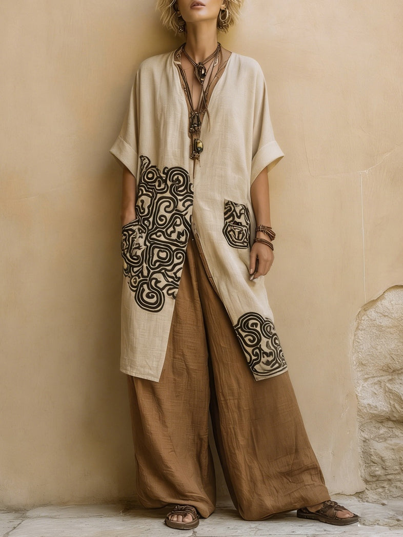 Sophie | Dark Gray &amp; Brown Tribal Print Three-Piece Set
