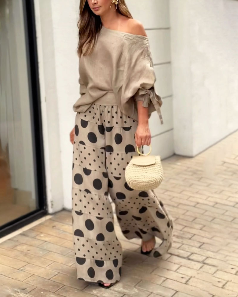 Samantha Casual Shoulder Top &amp; Printed Pants Set