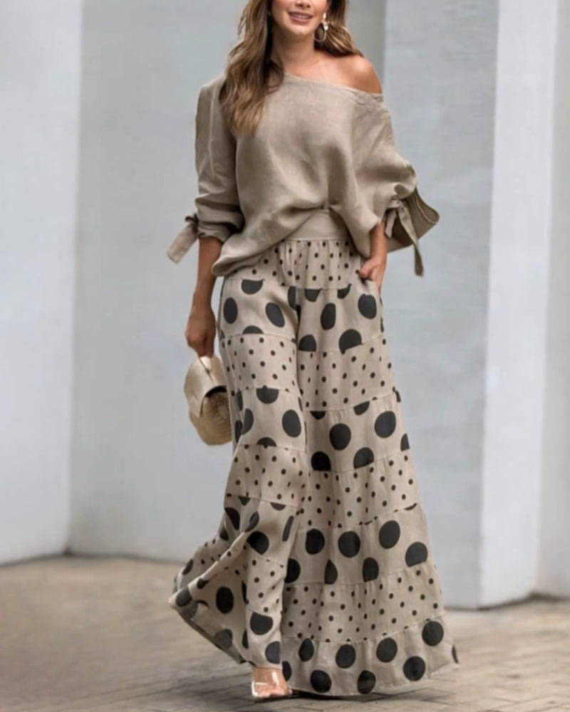 Samantha Casual Shoulder Top &amp; Printed Pants Set
