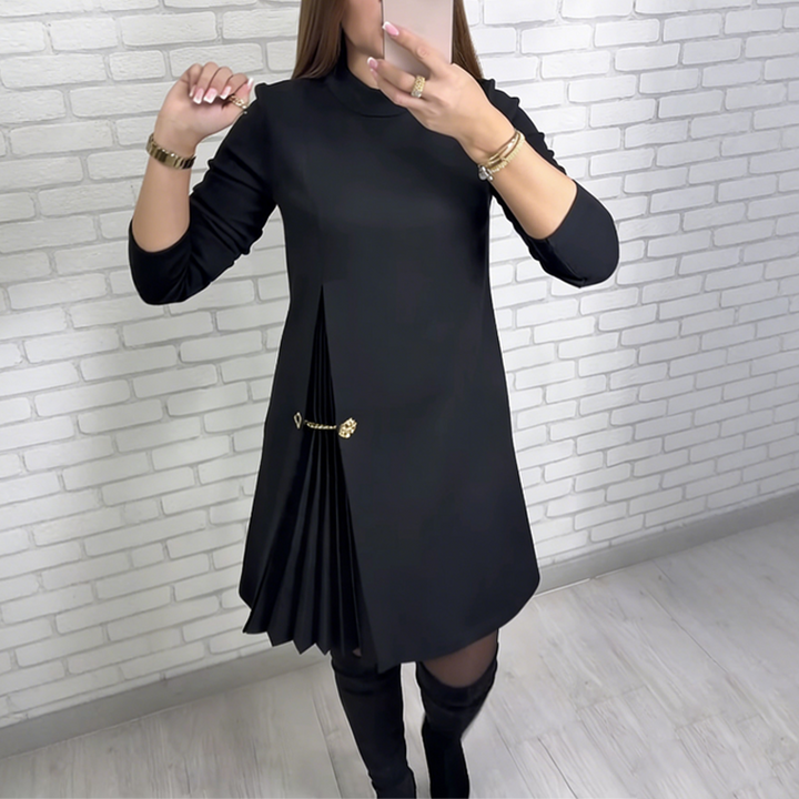 Sophisticated A-Line Dress with Pleated Detail and Gold Chain